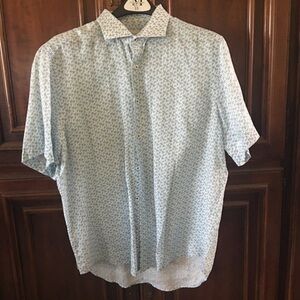 Franco Masoma Men's Linen Blue Print Short-Sleeve Button-Up Shirt Casual XL